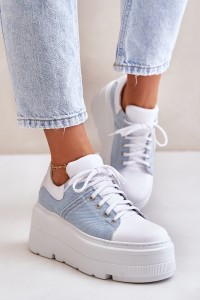 Leather Sneakers On Massive Platform Denim White Lewski 3586-3586 BIAŁ LICO/J.JEANS