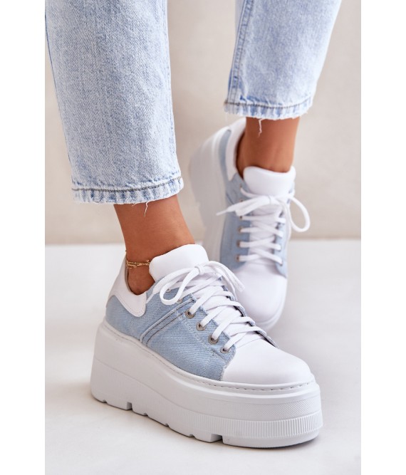 Leather Sneakers On Massive Platform Denim White Lewski 3586-3586 BIAŁ LICO/J.JEANS