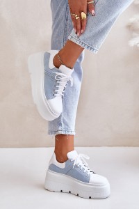 Leather Sneakers On Massive Platform Denim White Lewski 3586-3586 BIAŁ LICO/J.JEANS