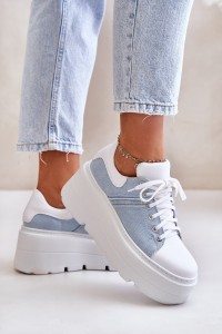 Leather Sneakers On Massive Platform Denim White Lewski 3586-3586 BIAŁ LICO/J.JEANS