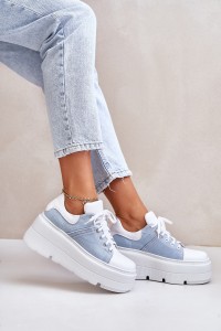 Leather Sneakers On Massive Platform Denim White Lewski 3586-3586 BIAŁ LICO/J.JEANS