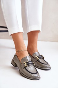 Lacquered Women's Loafers On A Block With Decoration Artiker 55C0412 Gray-55C0412 SZARY