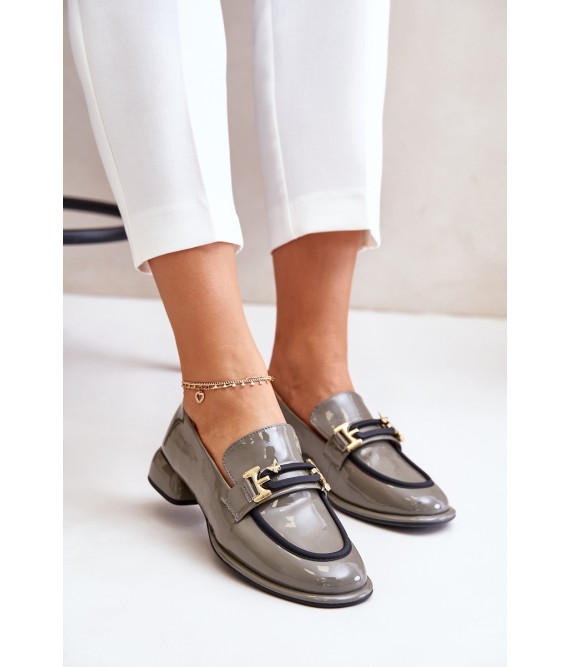 Lacquered Women's Loafers On A Block With Decoration Artiker 55C0412 Gray-55C0412 SZARY