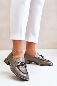 Lacquered Women's Loafers On A Block With Decoration Artiker 55C0412 Gray-55C0412 SZARY