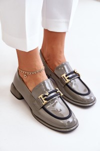 Lacquered Women's Loafers On A Block With Decoration Artiker 55C0412 Gray-55C0412 SZARY