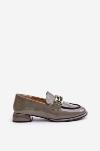 Lacquered Women's Loafers On A Block With Decoration Artiker 55C0412 Gray-55C0412 SZARY