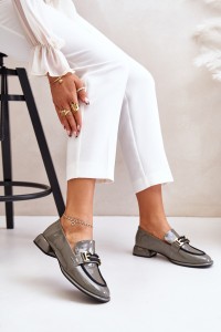 Lacquered Women's Loafers On A Block With Decoration Artiker 55C0412 Gray-55C0412 SZARY