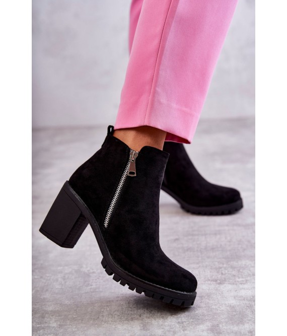 Suede Boots On High Heels With A Zipper Black Sevione-7050-A92 BLACK