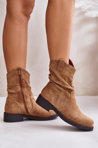 Warm Women's Ankle Boots With Gathered Shaft And Decoration Camel Etteara-0-589 CAMEL