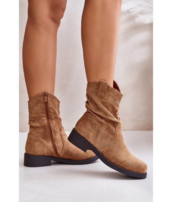 Warm Women's Ankle Boots With Gathered Shaft And Decoration Camel Etteara-0-589 CAMEL